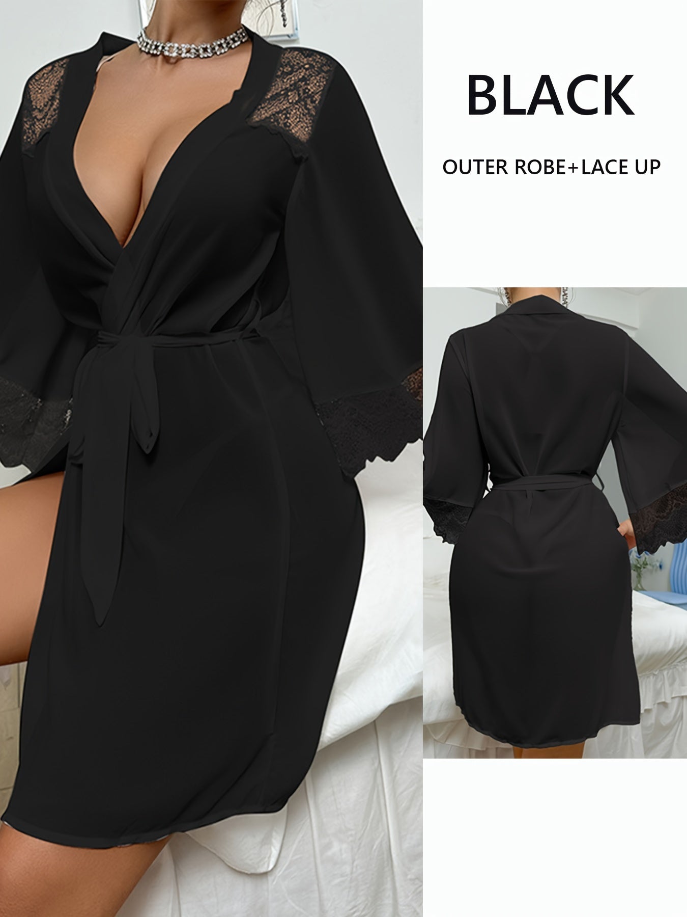 New Europe And The United States Hot Pajamas Chiffon Lace Patchwork Perspective Robe Temptation Ladies Cardigan Robe, Black, White, Red Three Colors Optional, W Robe + Belt, Suitable For Your Cardigan Gauze Robe,