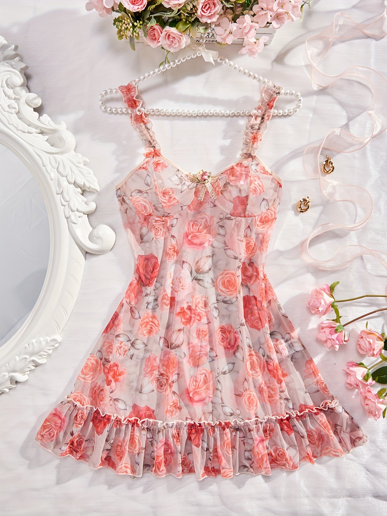 Lace Hollow Out Nightgown, Deep V-backless Bow Nightgown, Orange Women's Pajamas And Dresses