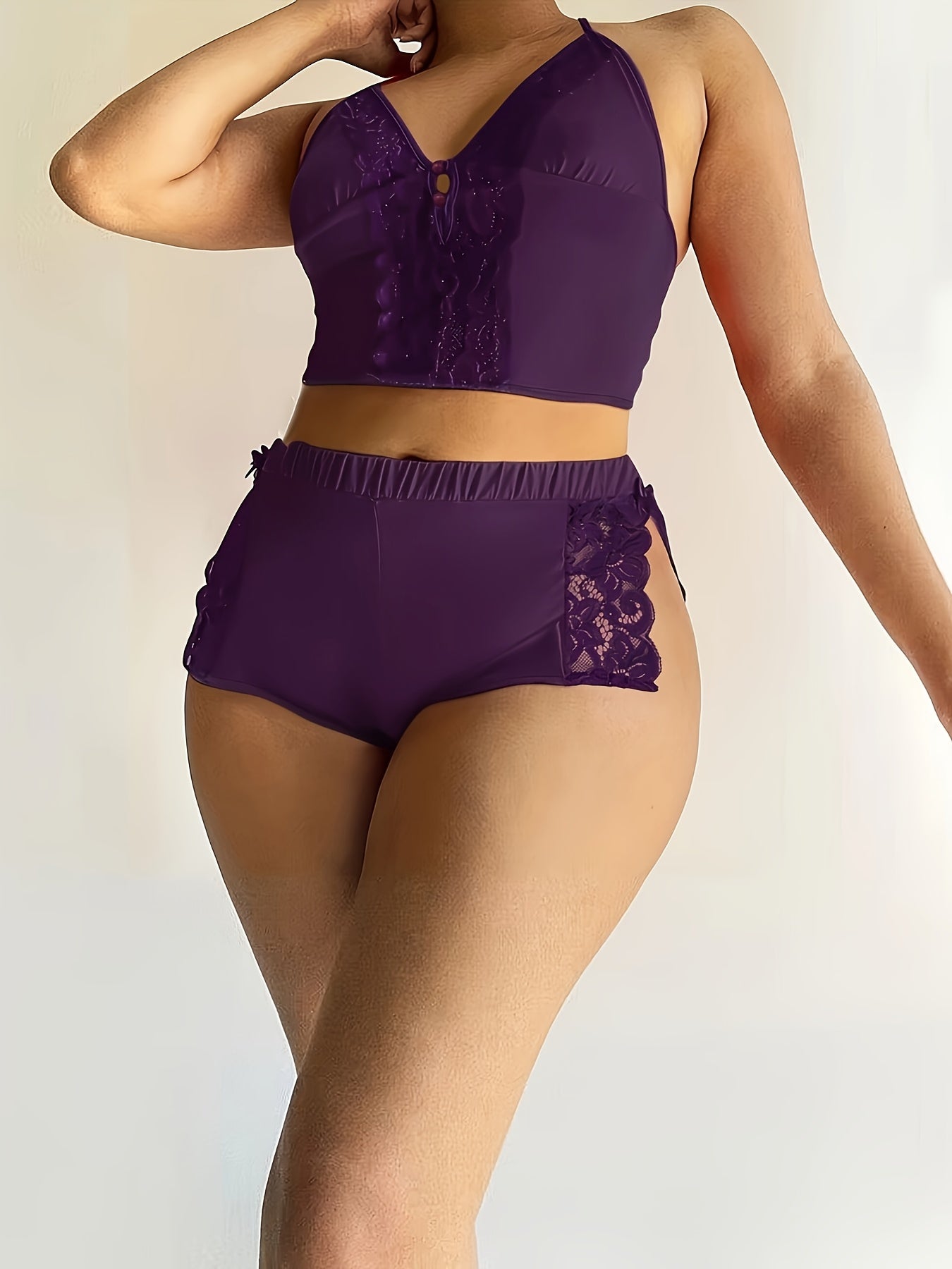 Solid Color Lace Splicing Halter Neck Tie Backless Button Splicing Bilateral Side Opening Lace Splicing Soft Light Beige-friendly Sexy Home Pajamas Set