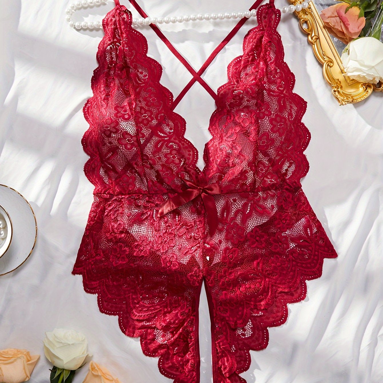 Plus Size Seductive Floral Lace Bodysuit - Plunging Halter Neck, Open Crotch, Medium Stretch, Sheer, Knit Fabric, Polyester Material - Sexy Lingerie for Women