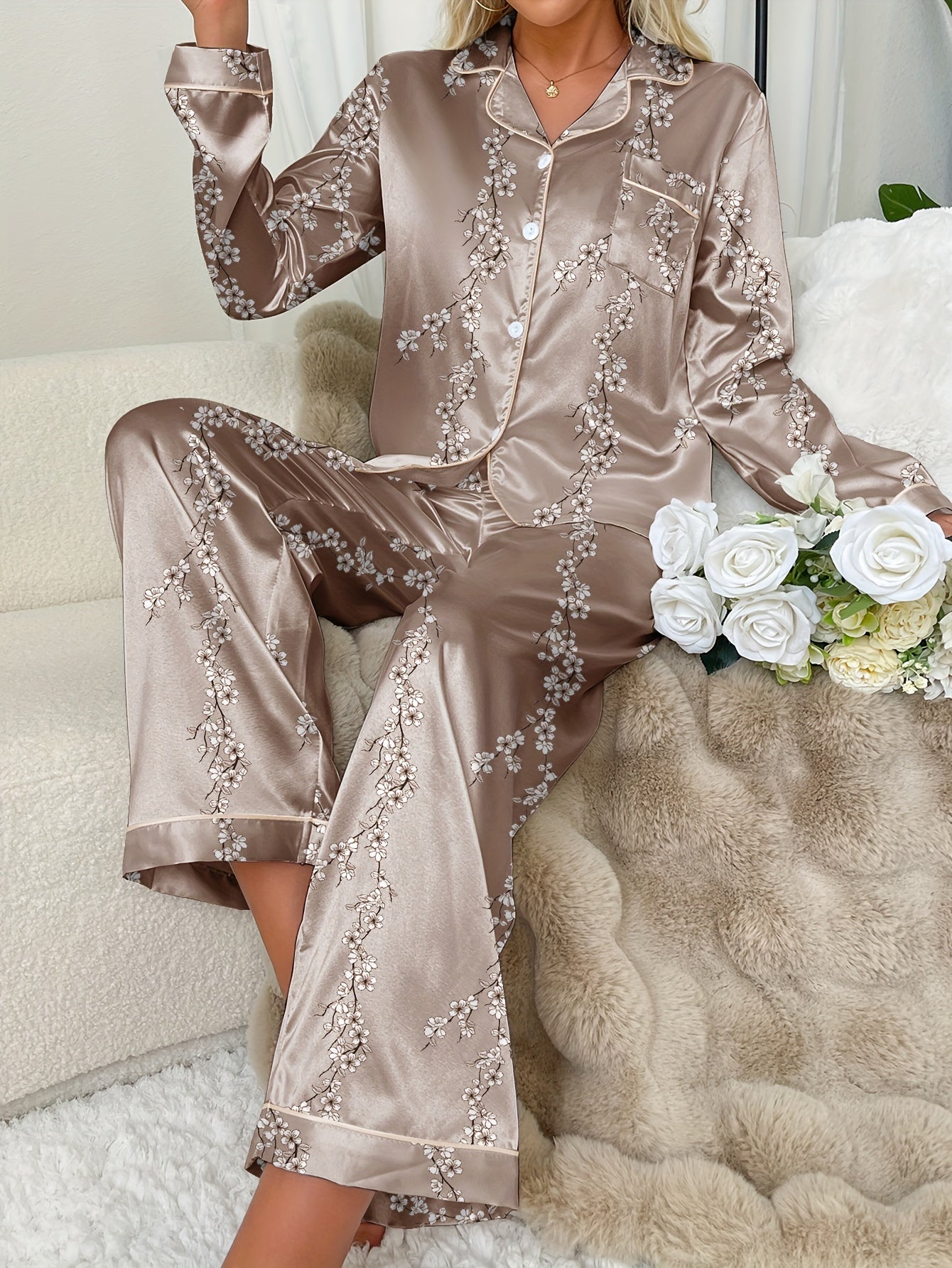 Plant printed long sleeved women's satin pajamas, pants, pajamas, home clothing set