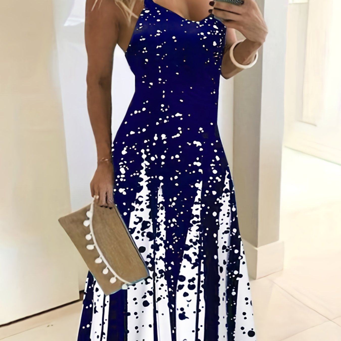 Elegant Summer Midi Dress: V-Neck, Sleeveless, Slim Waist, Color Block & Geometric Pattern for Stylish Women