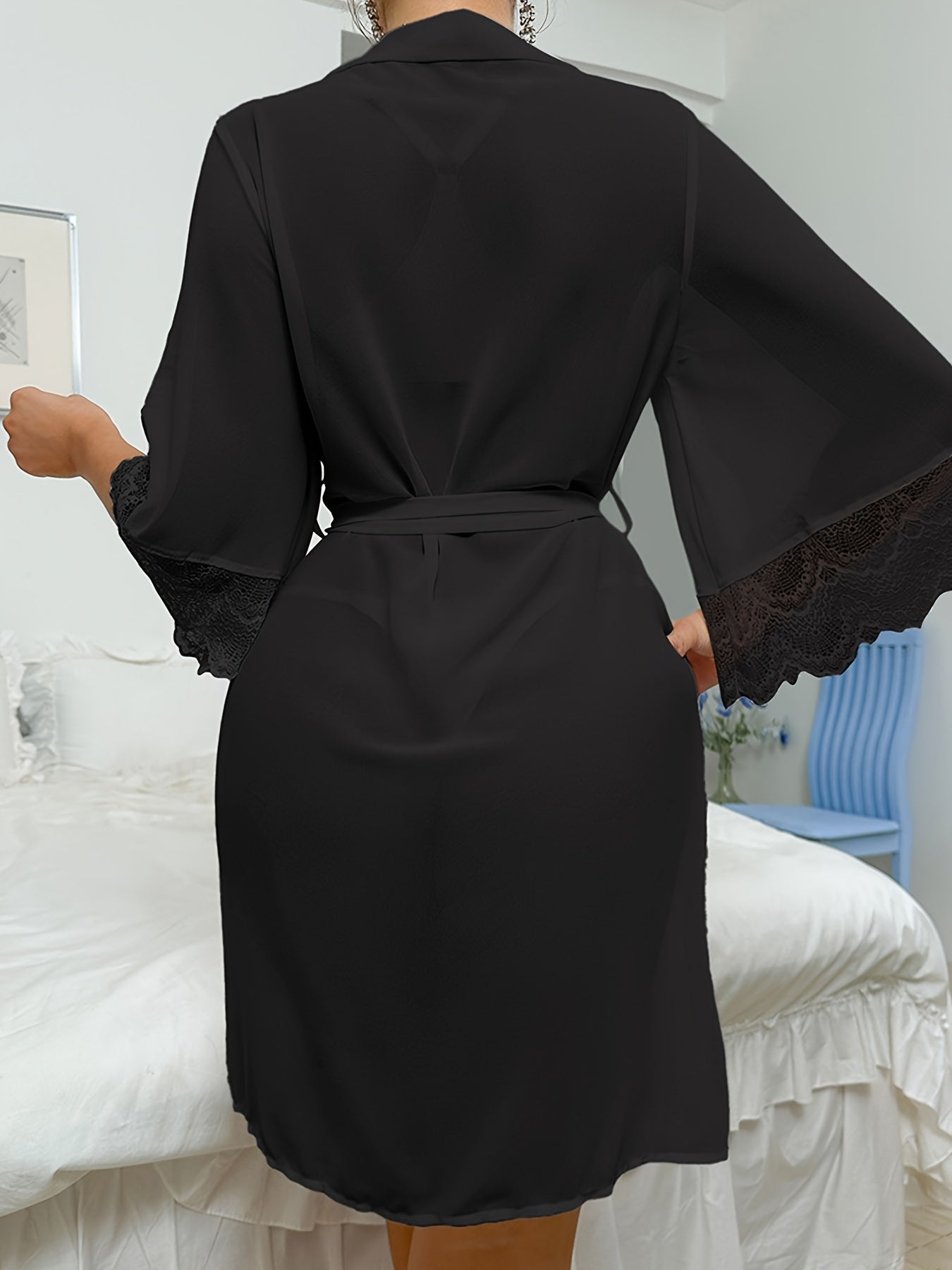New Europe And The United States Hot Pajamas Chiffon Lace Patchwork Perspective Robe Temptation Ladies Cardigan Robe, Black, White, Red Three Colors Optional, W Robe + Belt, Suitable For Your Cardigan Gauze Robe,