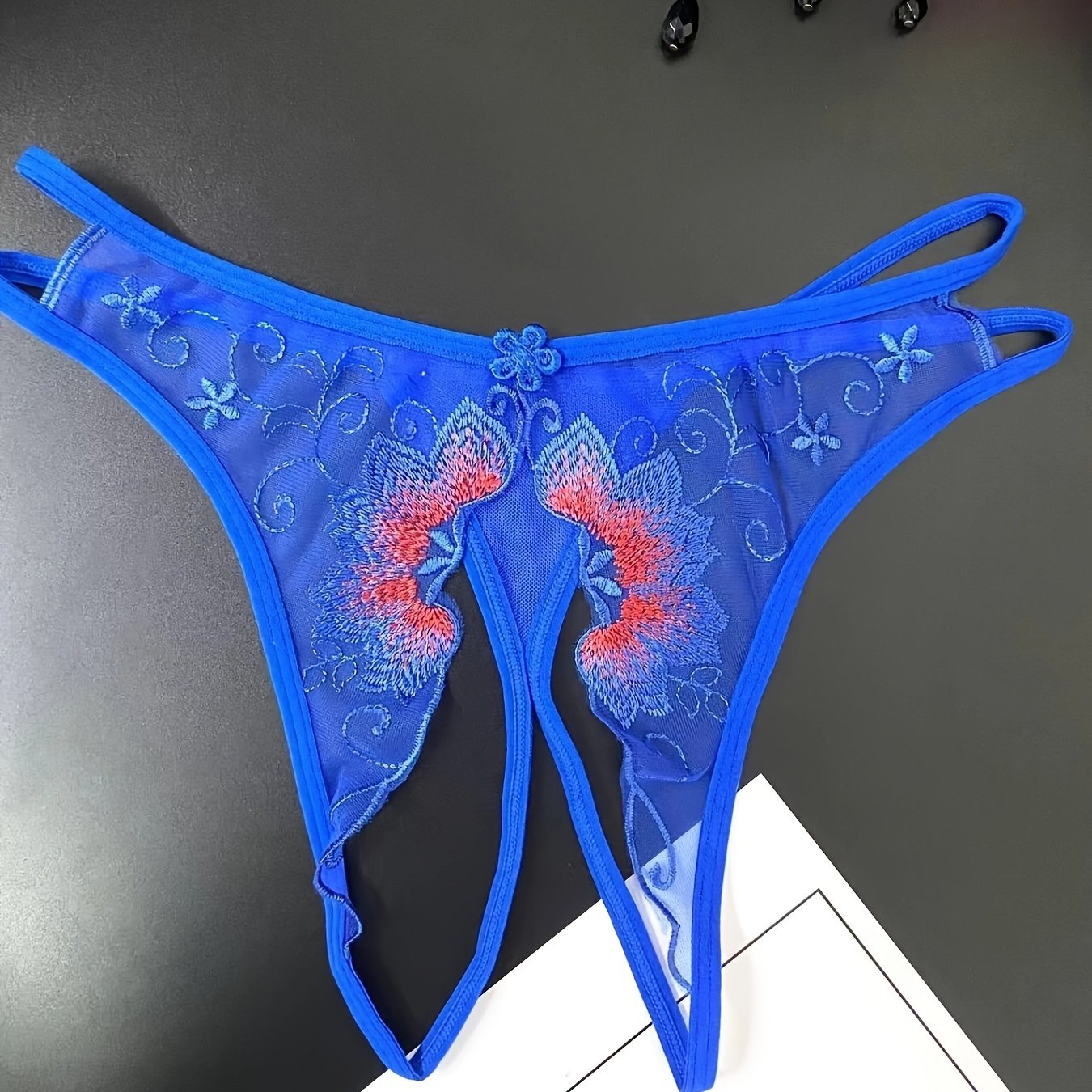 Delicate Floral Embroidered Mesh Thong Lingerie - Seductive Open Crotch & Ultra-Sheer Design - Breathable Womens Intimate Wear for Special Occasions
