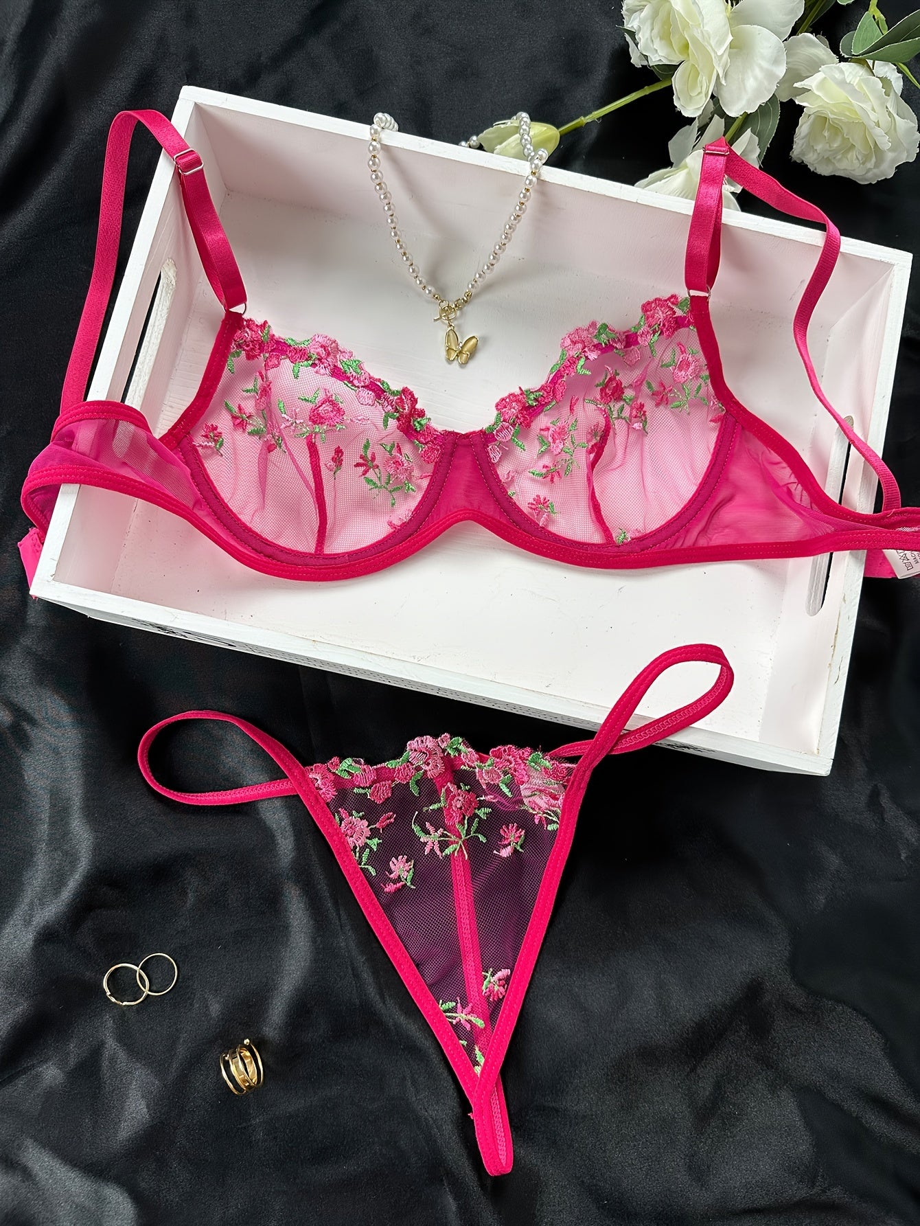 Romantic Floral Embroidered Lingerie Set - Lightweight Sheer Bra & Seductive Mesh Thong - Unlined, Feminine & Sexy Underwear for Women