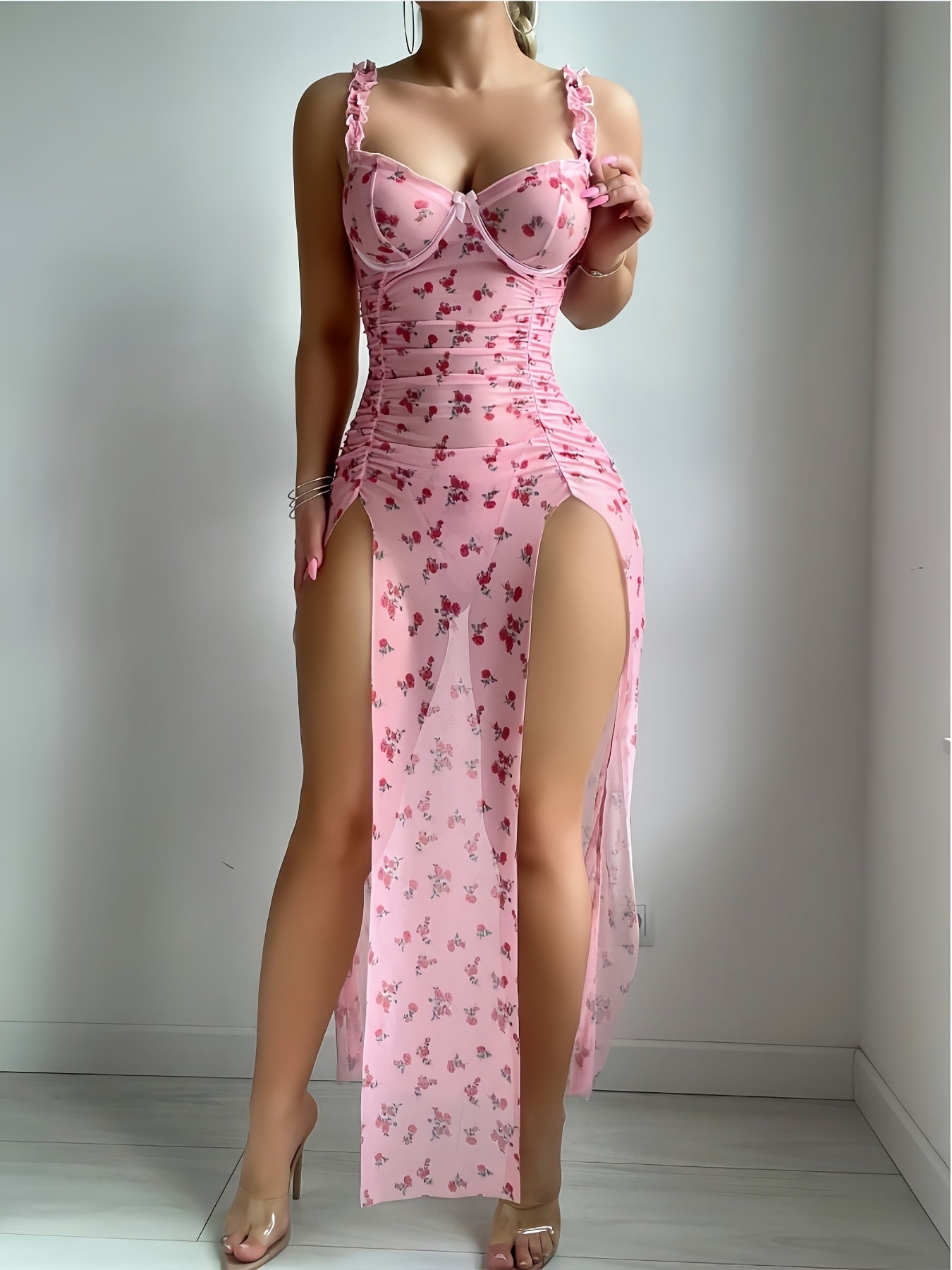 Woman's 2pcs Set, Sexy Underwear, Pajamas, Nightgown, Sexy Black Ear-edge Printed Backless, Semi-transparent, Princess Style, Middle Slit Nightgown Set, Skirt + Thong Set, Bra with Underwire