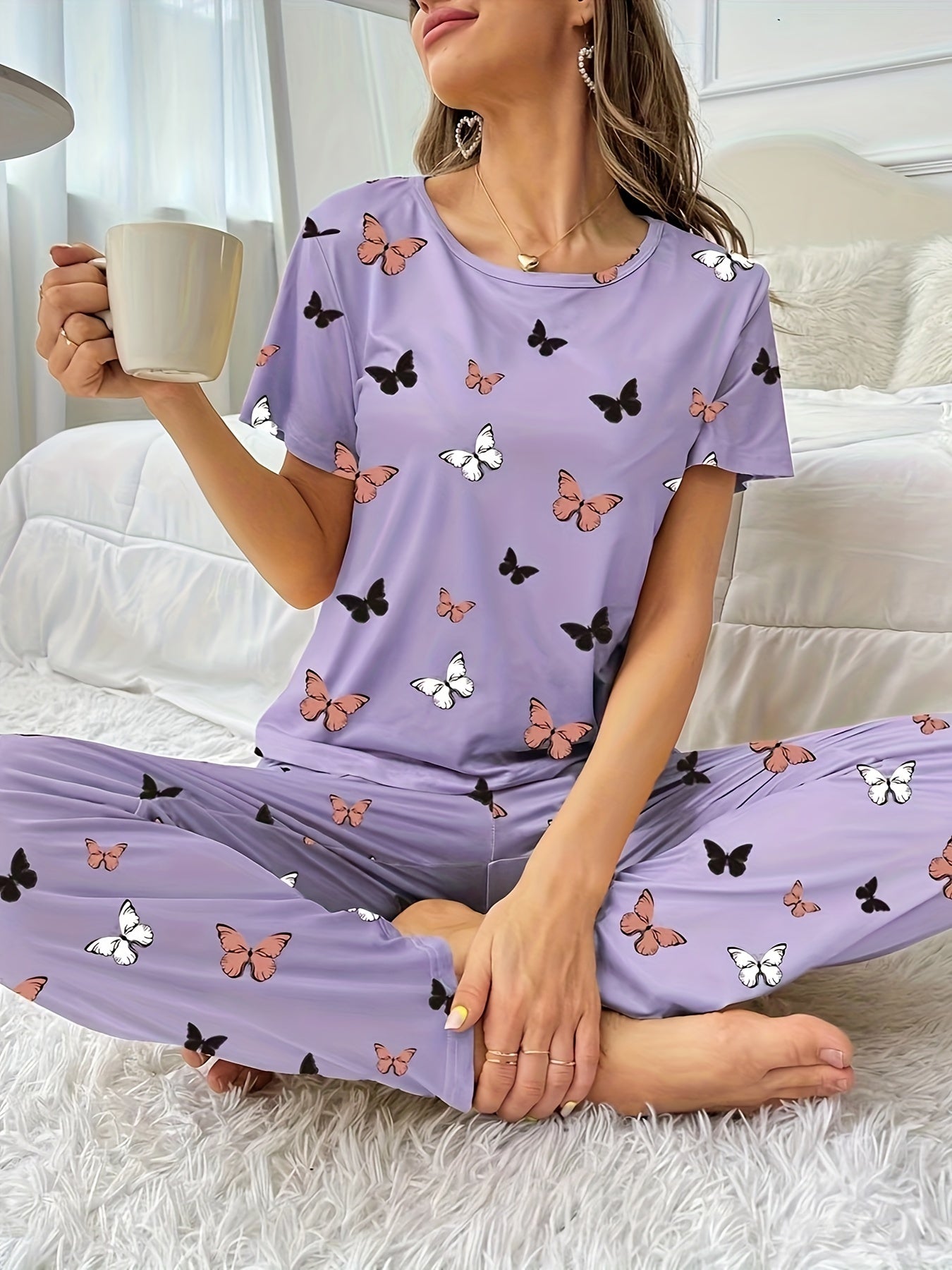 All-Season Chic Butterfly Lounge Set: Flame-Resistant, Comfort-Fit Women's Pajamas with Easy Maintenance