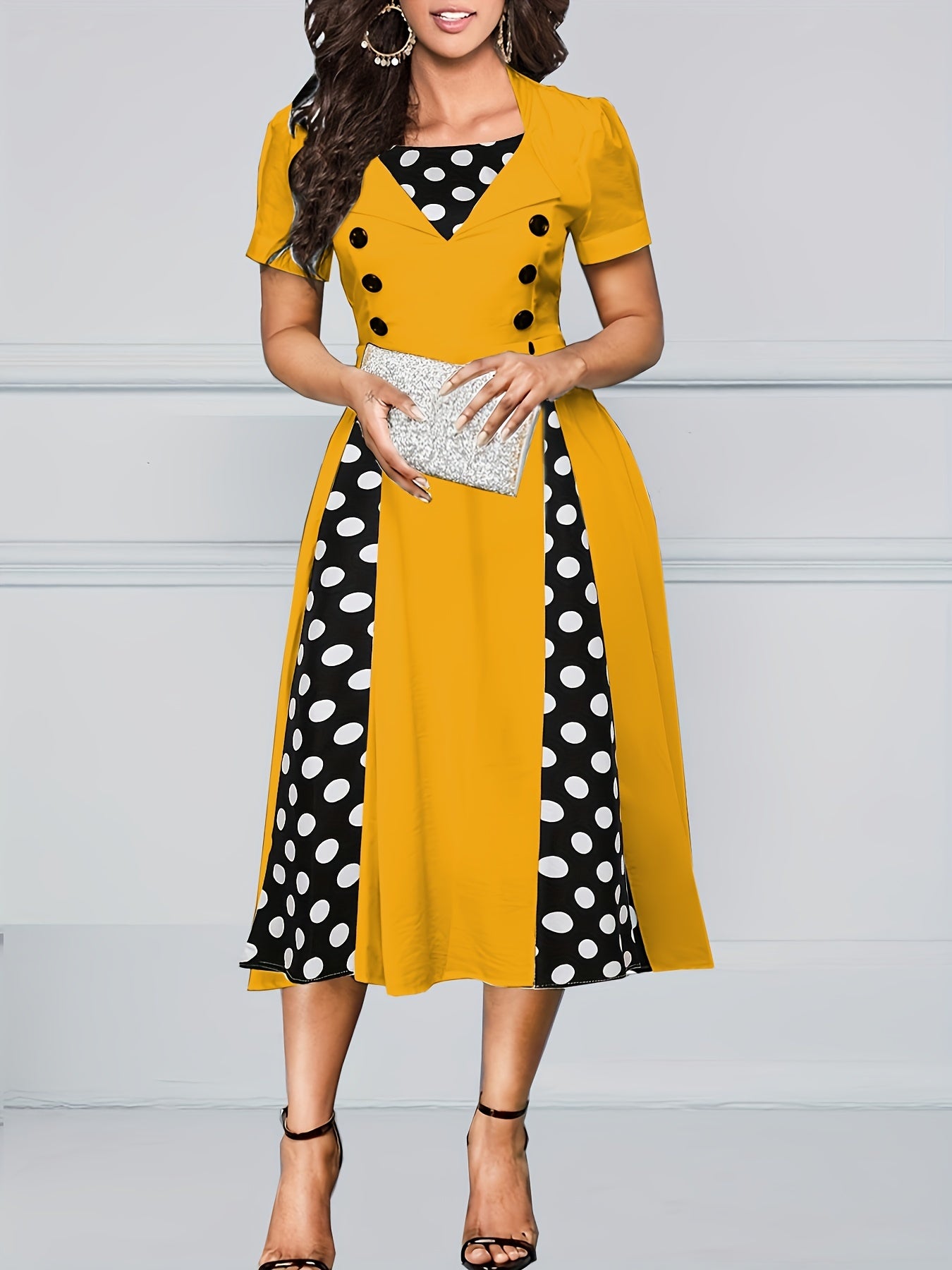 Polka Dot Color Block Button Dress, Elegant Short Sleeve Dress For Spring & Summer, Women's Clothing