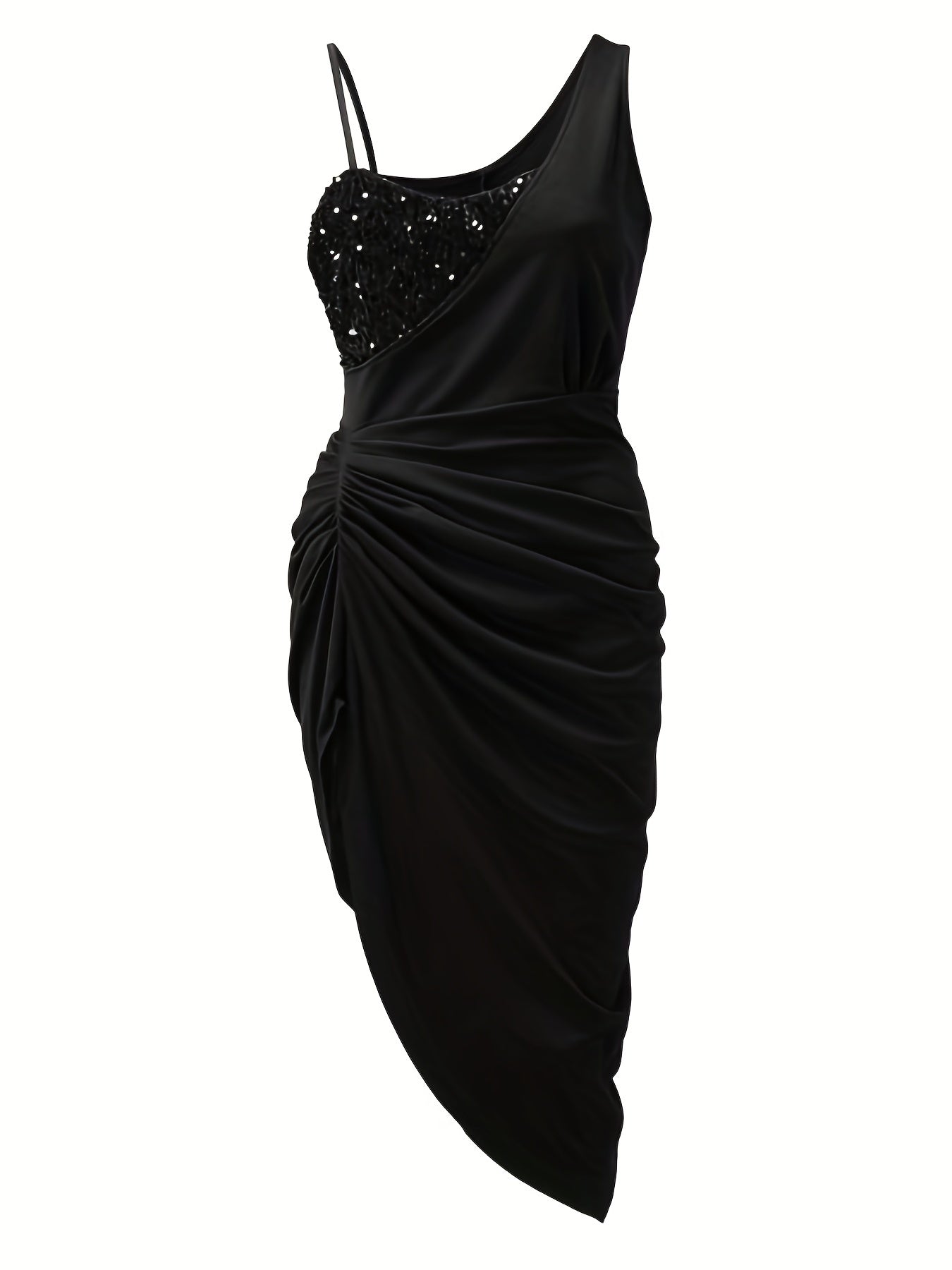 Stunning Sequined Ruched Asymmetrical Bodycon Dress - Elegant Sleeveless Party Dress for Women, Featuring Flattering Fit, Shining Sequins, and Flowy Hem - Perfect for Banquet, Prom, and Formal Events