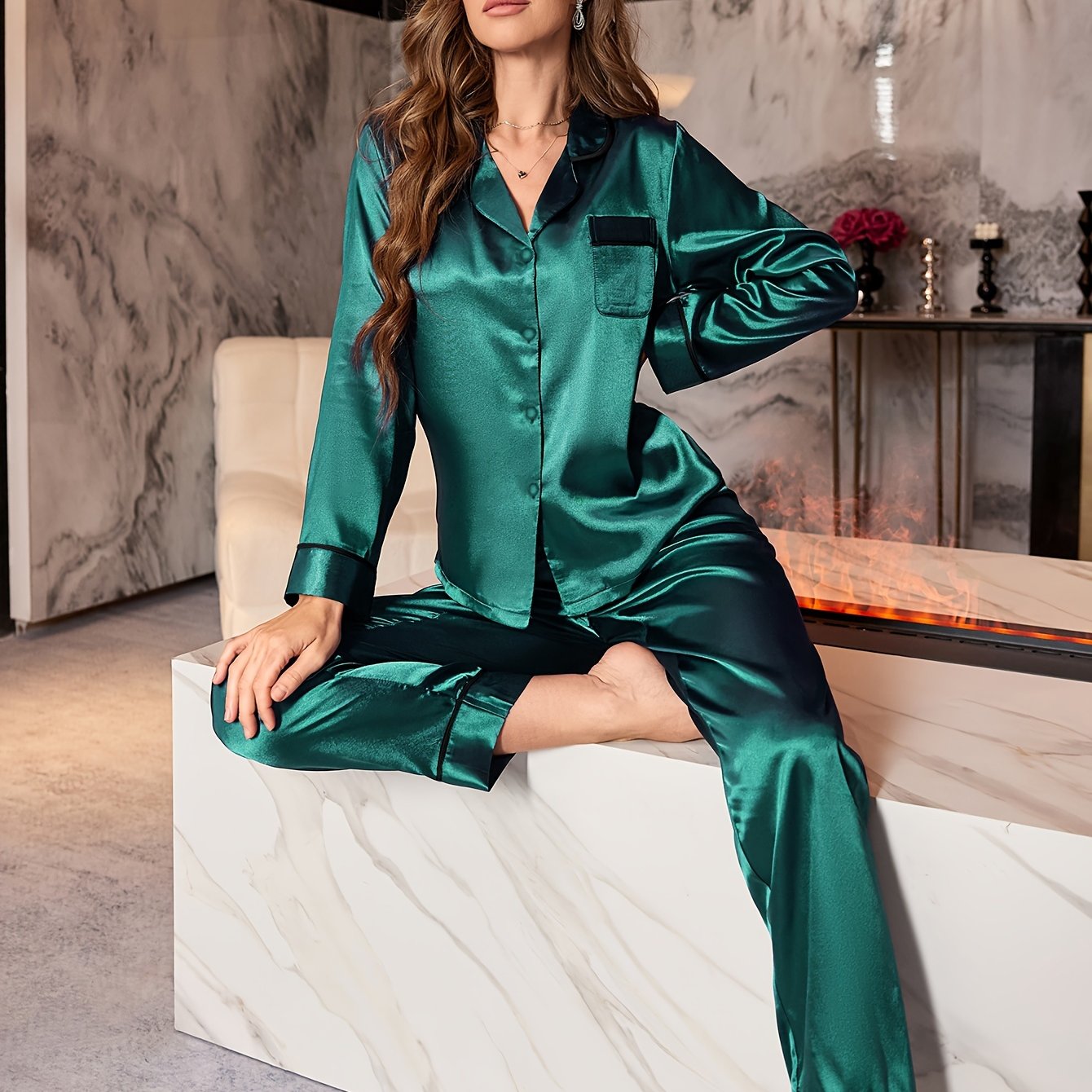Elegant & Luxurious Women's Satin Pajama Set: Micro-Elastic, All-Season Pajamas with Lapel Collar, Pockets, and Elastic Waist Pants – Ultimate Comfort & Style